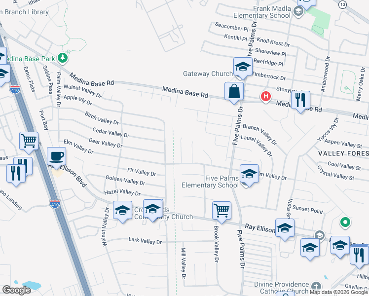 map of restaurants, bars, coffee shops, grocery stores, and more near 7014 Clear Valley Drive in San Antonio