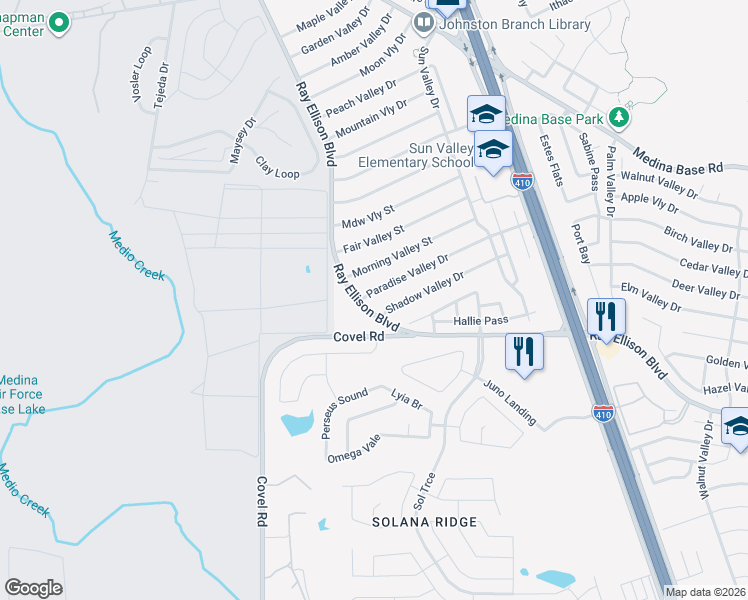 map of restaurants, bars, coffee shops, grocery stores, and more near 191 Paradise Valley Drive in San Antonio