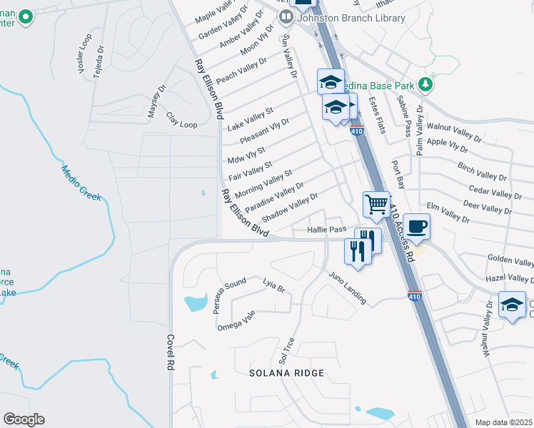 map of restaurants, bars, coffee shops, grocery stores, and more near 167 Shadow Valley Drive in San Antonio