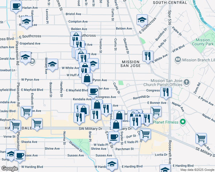 map of restaurants, bars, coffee shops, grocery stores, and more near 6611 Curtis Street in San Antonio