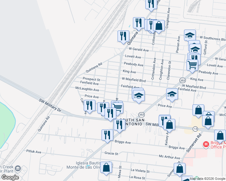 map of restaurants, bars, coffee shops, grocery stores, and more near 1108 Fenfield Avenue in San Antonio