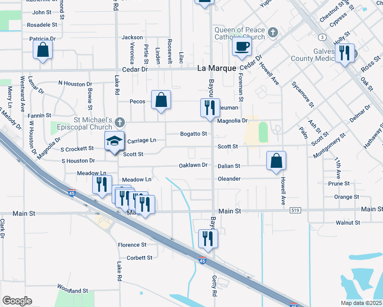 map of restaurants, bars, coffee shops, grocery stores, and more near 2027 Scott Street in La Marque