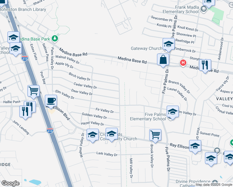 map of restaurants, bars, coffee shops, grocery stores, and more near 6938 Apple Valley in San Antonio