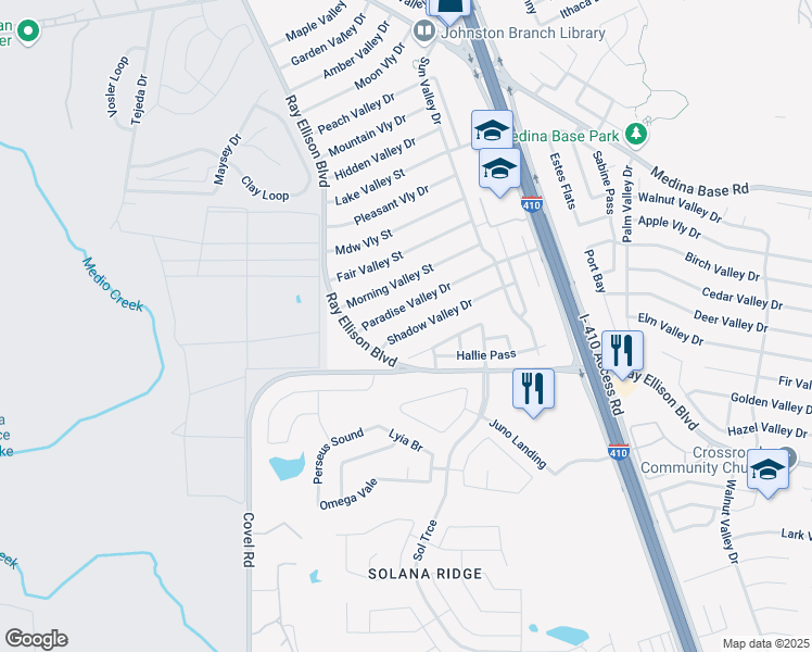 map of restaurants, bars, coffee shops, grocery stores, and more near 167 Shadow Valley Drive in San Antonio