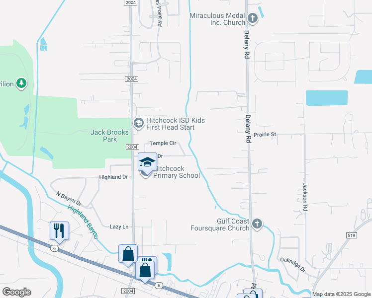 map of restaurants, bars, coffee shops, grocery stores, and more near 903 Temple Circle in Hitchcock