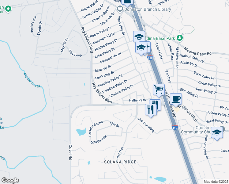 map of restaurants, bars, coffee shops, grocery stores, and more near 167 Shadow Valley Drive in San Antonio