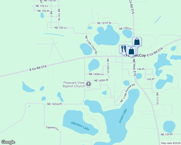 map of restaurants, bars, coffee shops, grocery stores, and more near 11045 Northeast 145th Lane in Fort McCoy