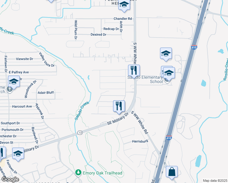 map of restaurants, bars, coffee shops, grocery stores, and more near 3615 South Ww White Road in San Antonio