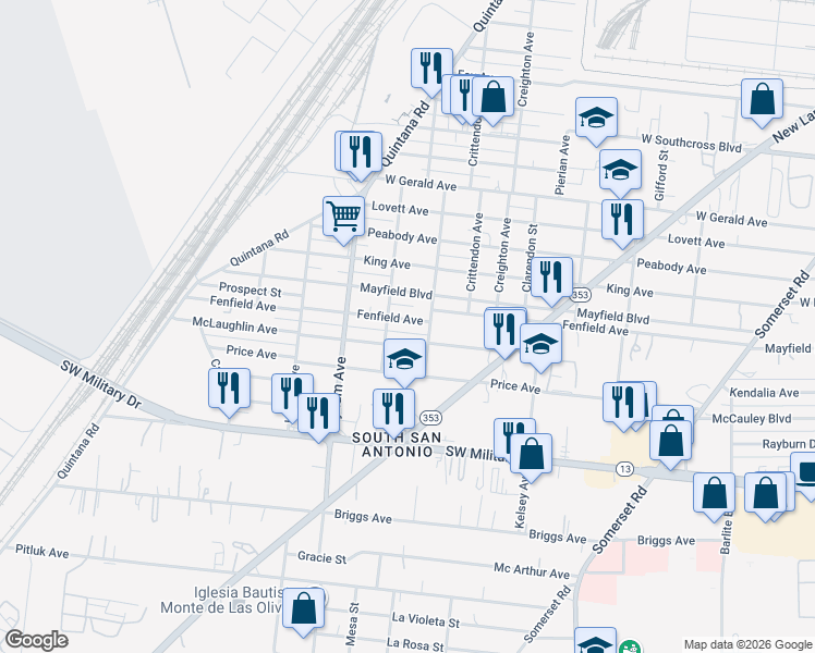 map of restaurants, bars, coffee shops, grocery stores, and more near 922 Fenfield Avenue in San Antonio