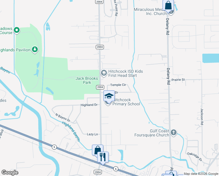 map of restaurants, bars, coffee shops, grocery stores, and more near 705 Temple Circle in Hitchcock