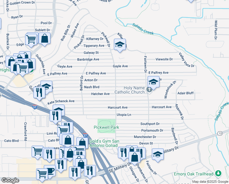 map of restaurants, bars, coffee shops, grocery stores, and more near 295 Hatcher Avenue in San Antonio