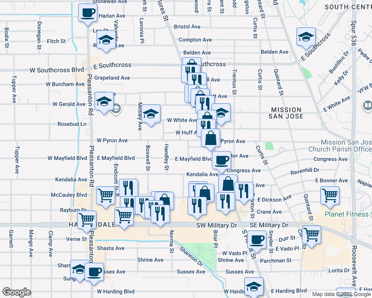 map of restaurants, bars, coffee shops, grocery stores, and more near 115 Hancock Avenue in San Antonio