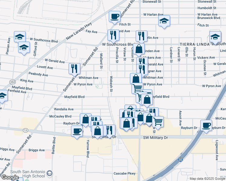 map of restaurants, bars, coffee shops, grocery stores, and more near 21 Wabash Street in San Antonio