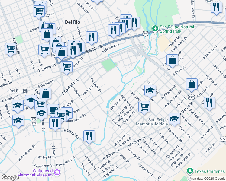 map of restaurants, bars, coffee shops, grocery stores, and more near 837 East Losoya Street in Del Rio