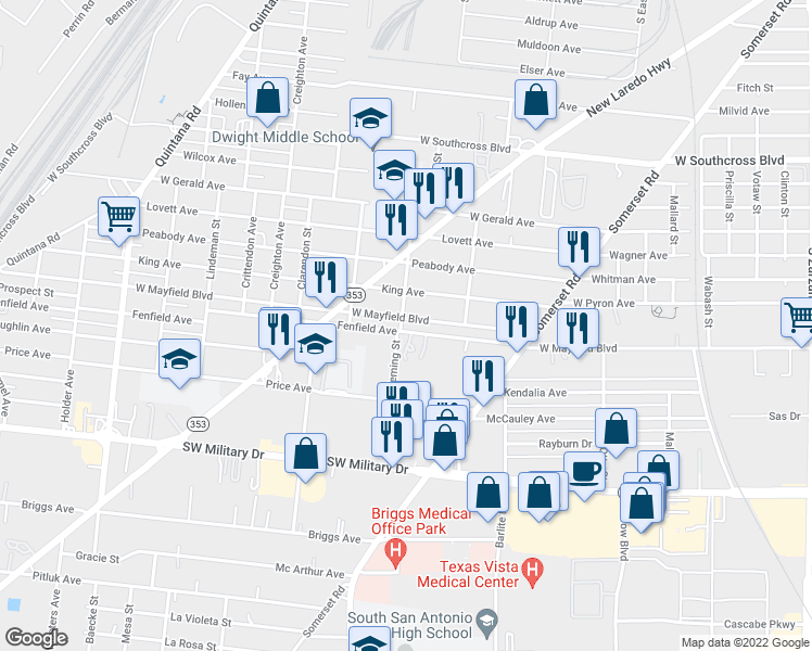 map of restaurants, bars, coffee shops, grocery stores, and more near 259 Fenfield Avenue in San Antonio