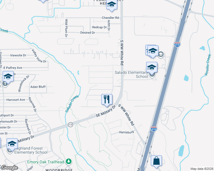 map of restaurants, bars, coffee shops, grocery stores, and more near 3615 South WW White Road in San Antonio