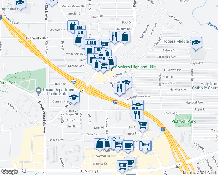 map of restaurants, bars, coffee shops, grocery stores, and more near 2215 Goliad Road in San Antonio