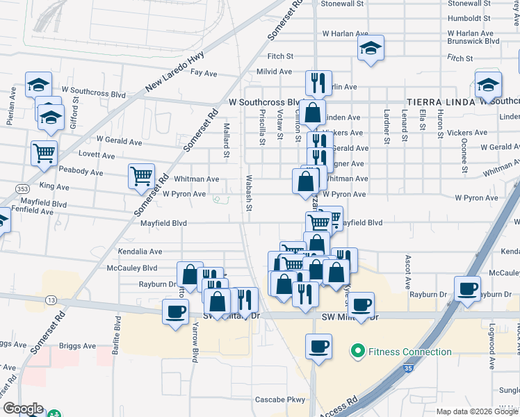 map of restaurants, bars, coffee shops, grocery stores, and more near 21 Wabash Street in San Antonio