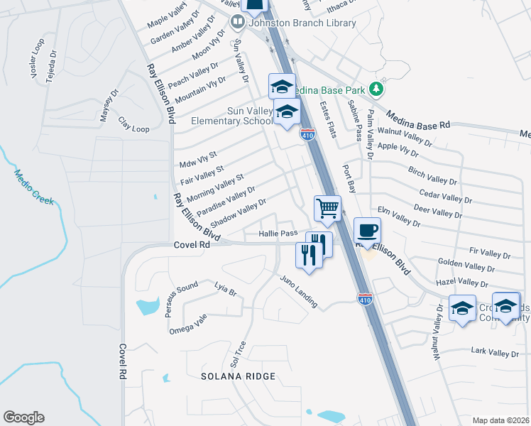 map of restaurants, bars, coffee shops, grocery stores, and more near 138 Shadow Valley Drive in San Antonio
