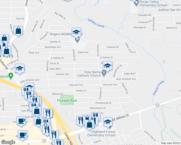 map of restaurants, bars, coffee shops, grocery stores, and more near 359 Hatcher Avenue in San Antonio