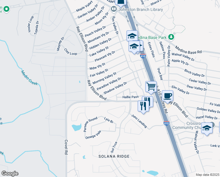map of restaurants, bars, coffee shops, grocery stores, and more near 167 Shadow Valley Dr in San Antonio