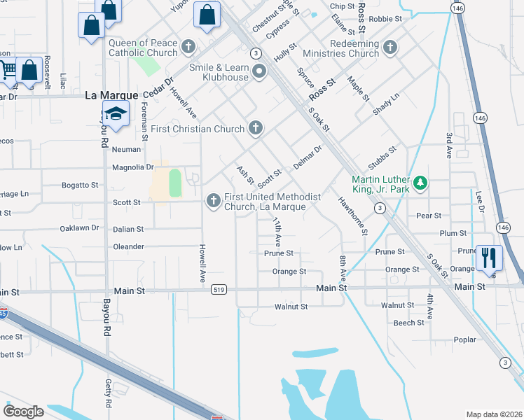 map of restaurants, bars, coffee shops, grocery stores, and more near 1802 11th Avenue in La Marque