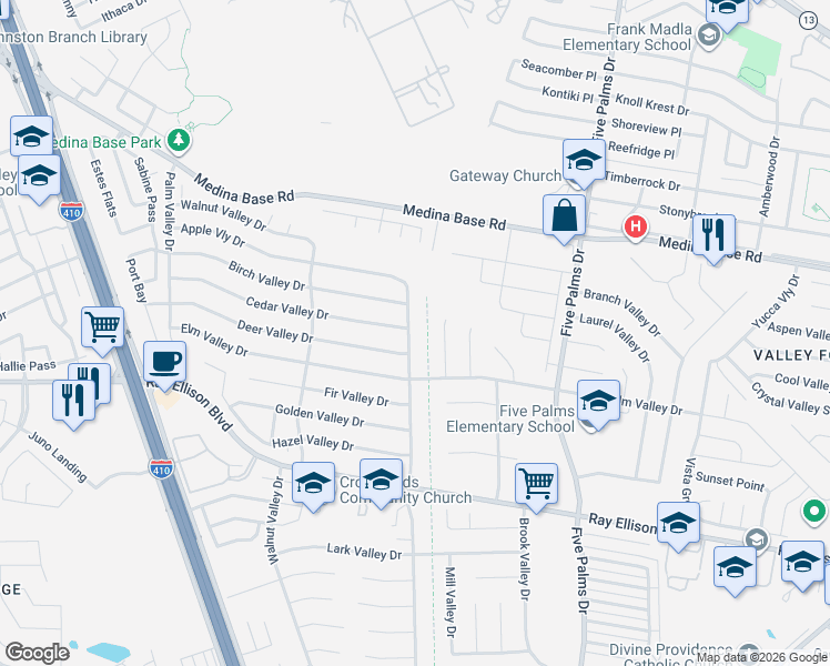 map of restaurants, bars, coffee shops, grocery stores, and more near 6938 Apple Valley in San Antonio