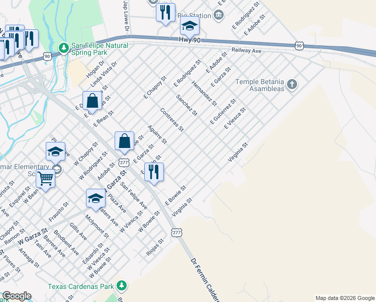 map of restaurants, bars, coffee shops, grocery stores, and more near 309 East Gutierrez Street in Del Rio