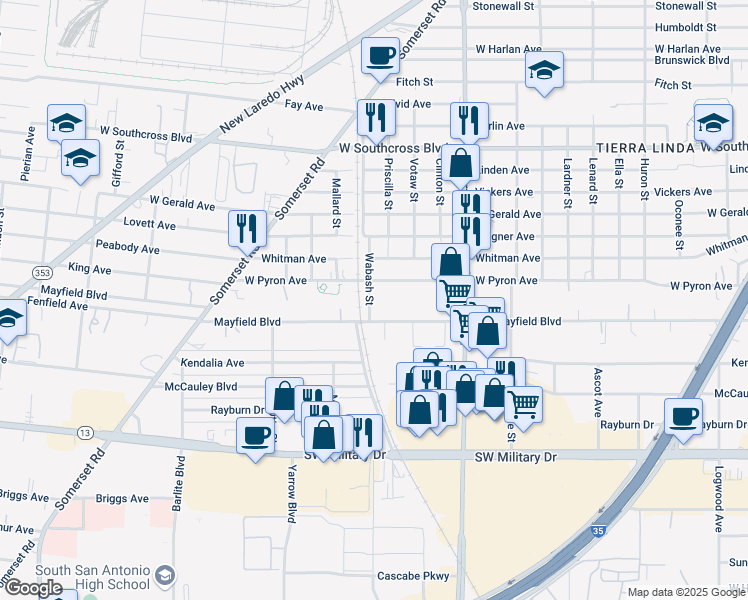 map of restaurants, bars, coffee shops, grocery stores, and more near 779 West Mayfield Boulevard in San Antonio
