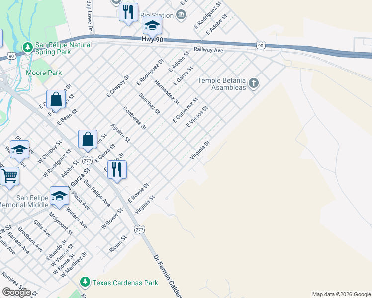 map of restaurants, bars, coffee shops, grocery stores, and more near 415 East Bowie Street in Del Rio