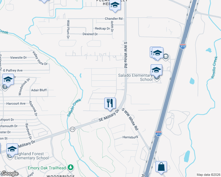 map of restaurants, bars, coffee shops, grocery stores, and more near 3615 South WW White Road in San Antonio
