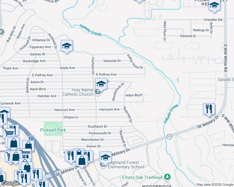 map of restaurants, bars, coffee shops, grocery stores, and more near 6614 Woodstock Drive in San Antonio