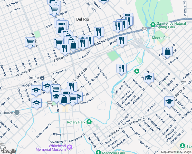 map of restaurants, bars, coffee shops, grocery stores, and more near 498 Spring Street in Del Rio