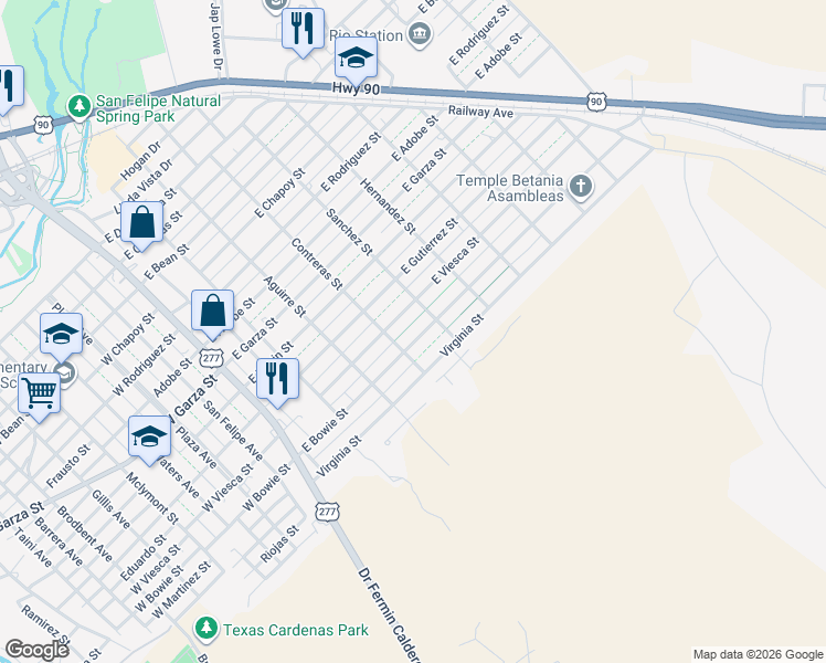 map of restaurants, bars, coffee shops, grocery stores, and more near 415 East Bowie Street in Del Rio