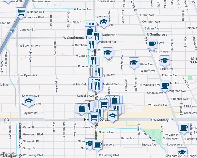 map of restaurants, bars, coffee shops, grocery stores, and more near 1910 Pleasanton Road in San Antonio