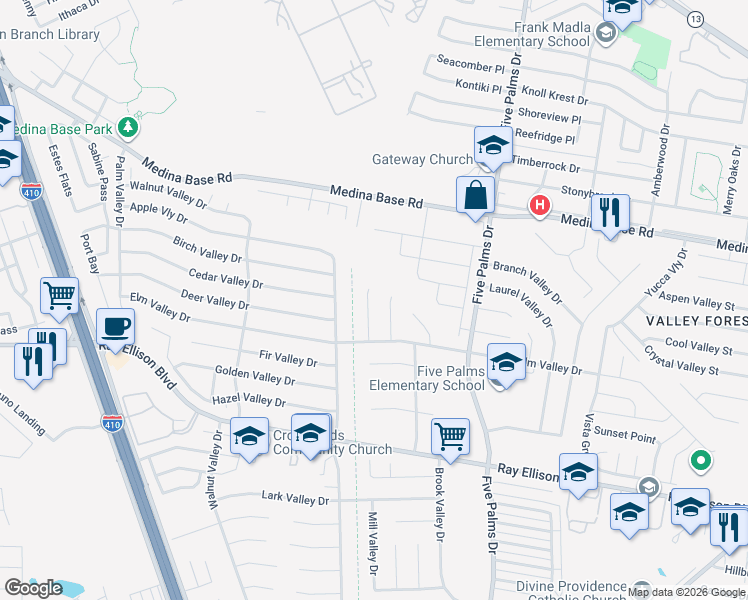 map of restaurants, bars, coffee shops, grocery stores, and more near 7014 Clear Valley Drive in San Antonio