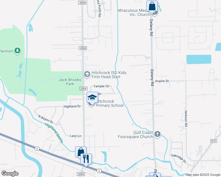 map of restaurants, bars, coffee shops, grocery stores, and more near 903 Temple Cir in Hitchcock