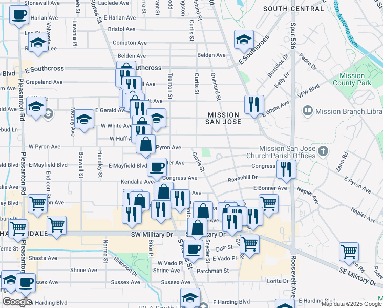 map of restaurants, bars, coffee shops, grocery stores, and more near 6611 Curtis Street in San Antonio