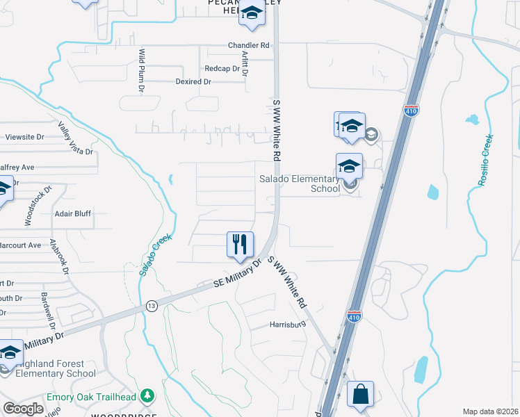 map of restaurants, bars, coffee shops, grocery stores, and more near 3615 South WW White Road in San Antonio