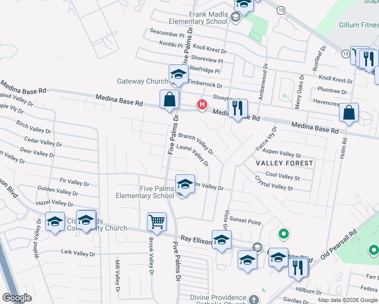 map of restaurants, bars, coffee shops, grocery stores, and more near 5858 Laurel Valley Drive in San Antonio
