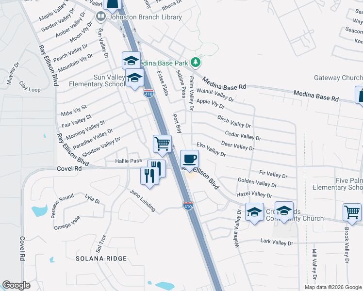 map of restaurants, bars, coffee shops, grocery stores, and more near 7051 Port Bay in San Antonio