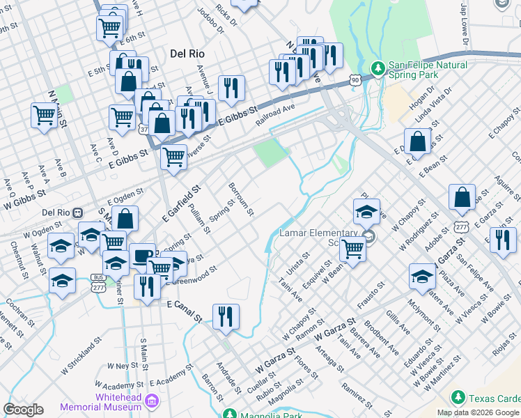 map of restaurants, bars, coffee shops, grocery stores, and more near 312 Borroum Street in Del Rio
