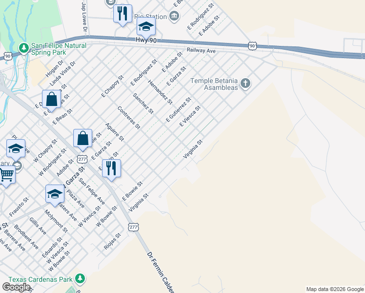 map of restaurants, bars, coffee shops, grocery stores, and more near 415 East Bowie Street in Del Rio