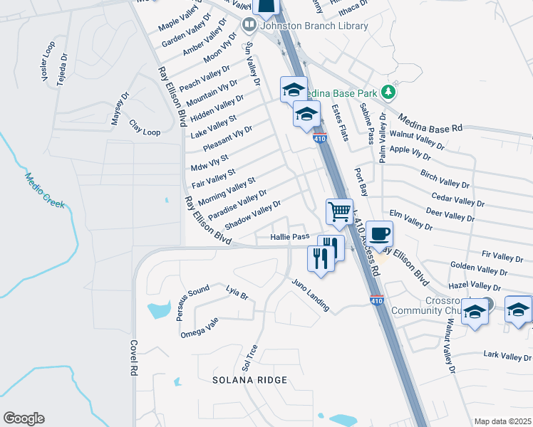 map of restaurants, bars, coffee shops, grocery stores, and more near 138 Shadow Valley Drive in San Antonio