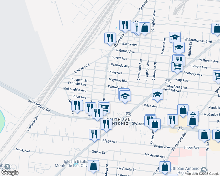 map of restaurants, bars, coffee shops, grocery stores, and more near 1018 Fenfield Avenue in San Antonio