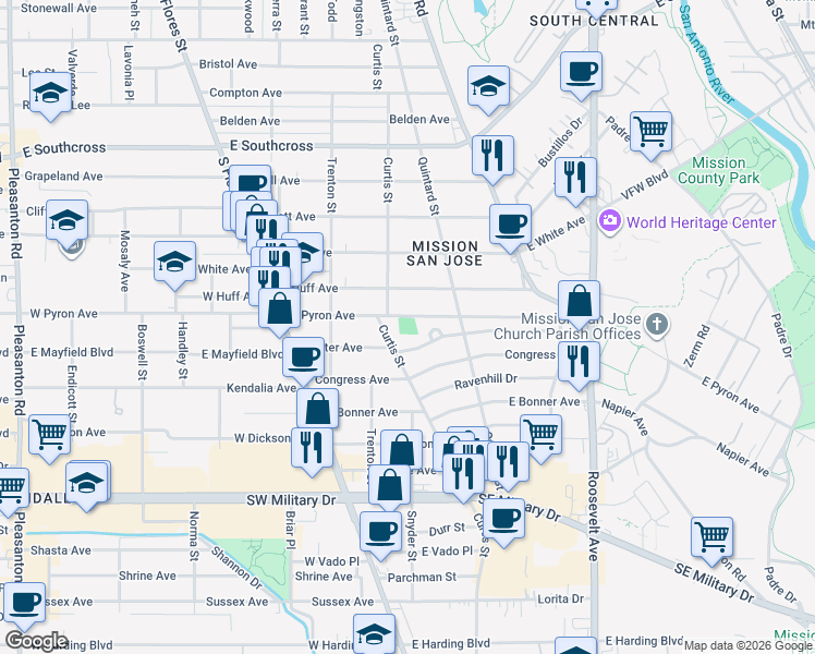 map of restaurants, bars, coffee shops, grocery stores, and more near 310 East Pyron Avenue in San Antonio