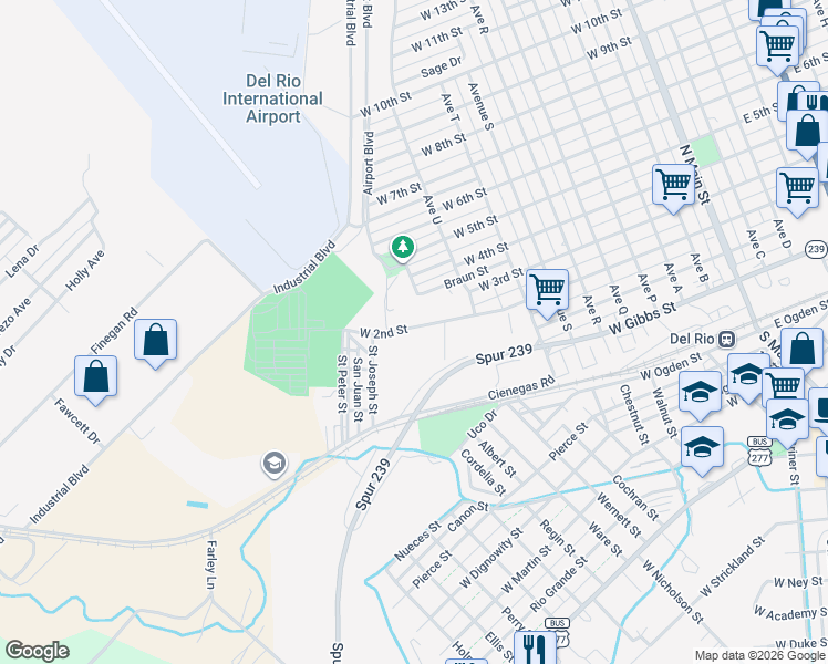 map of restaurants, bars, coffee shops, grocery stores, and more near 1004 West 2nd Street in Del Rio