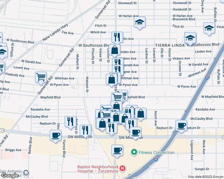 map of restaurants, bars, coffee shops, grocery stores, and more near 6623 South Zarzamora Street in San Antonio