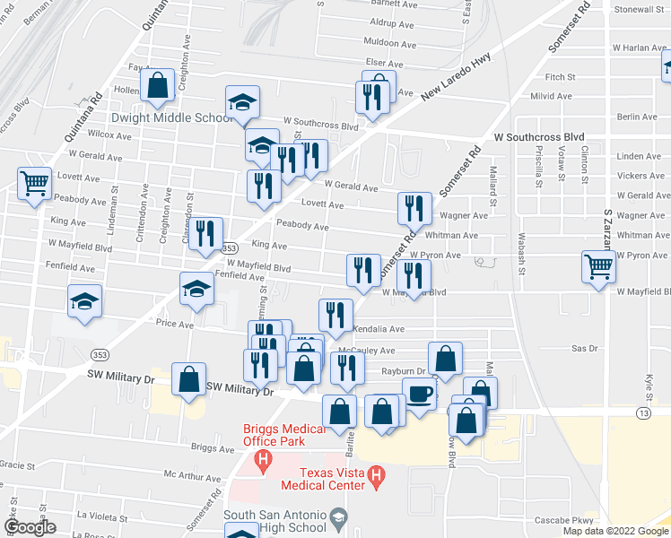 map of restaurants, bars, coffee shops, grocery stores, and more near 935 West Mayfield Boulevard in San Antonio