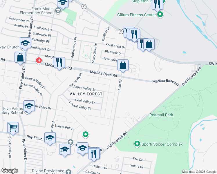map of restaurants, bars, coffee shops, grocery stores, and more near 5402 Pearl Valley in San Antonio